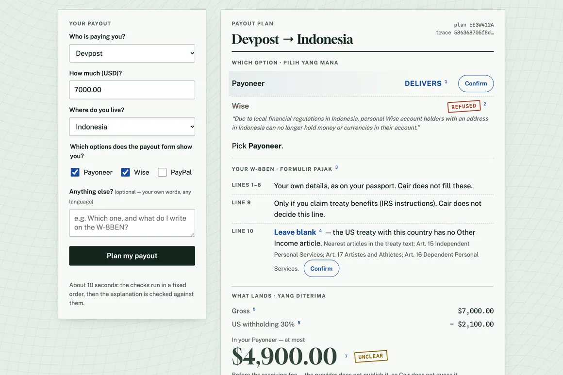 Cair — the live app: the payout form and the plan for Devpost, $7,000, Indonesia