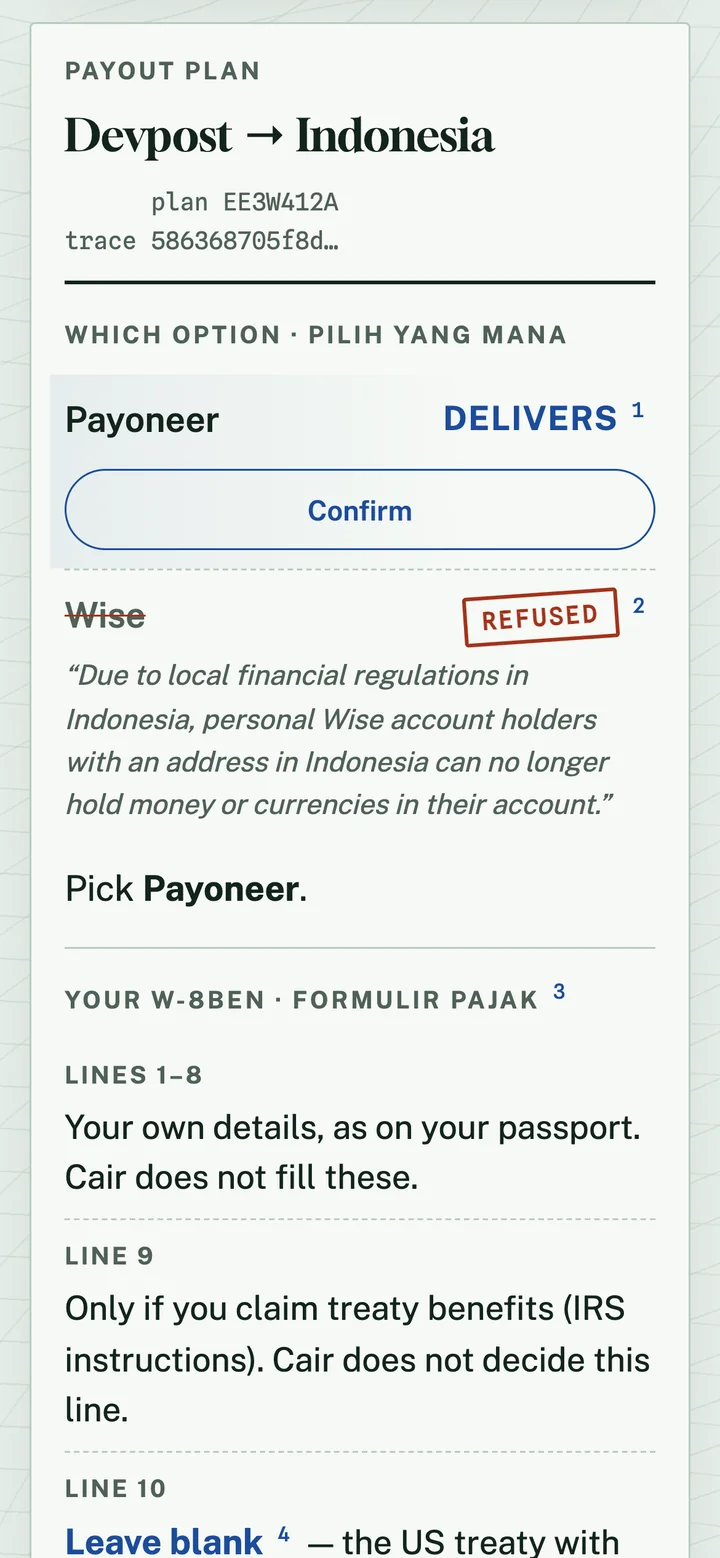 Cair — the same plan on a phone: Payoneer delivers, Wise refused with Wise's own sentence