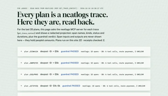 Cair — /verify: plans read back from neatlogs over MCP, redacted