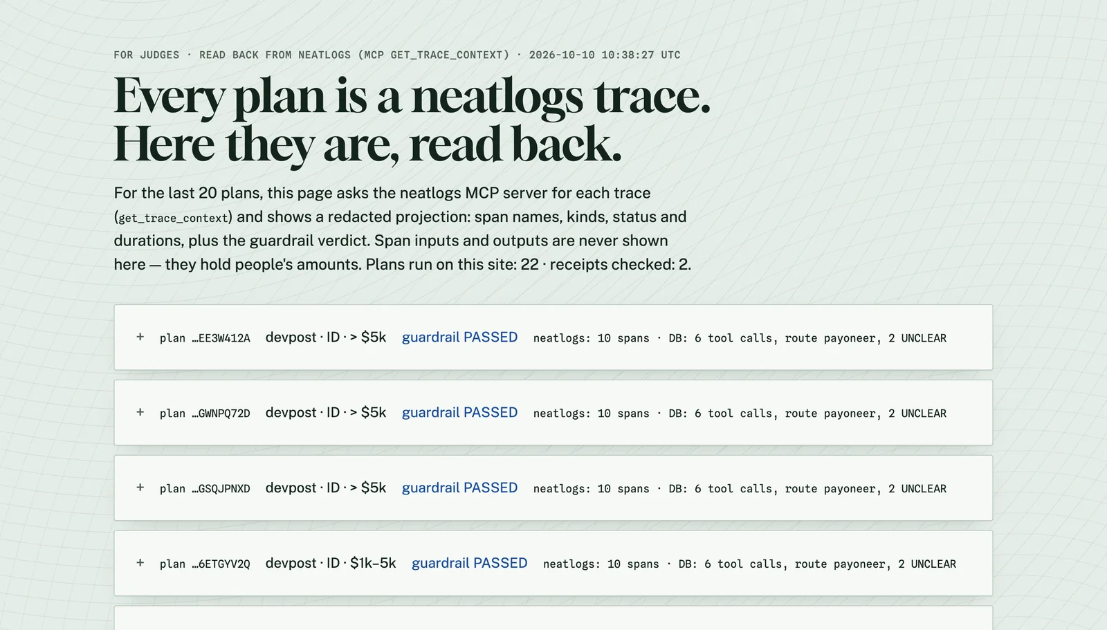 Cair — /verify: the last plans read back from neatlogs over MCP, redacted, with each guardrail verdict